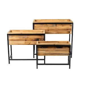 31.7", 27.7" and 23."L Rectangular Natural Wood Metal Indoor/Outdoor Planters (Set of 3), Patch Wooden On Metal Frame