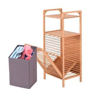 Natural Bamboo Laundry Hamper Tilt Out Bin Shelf Storage