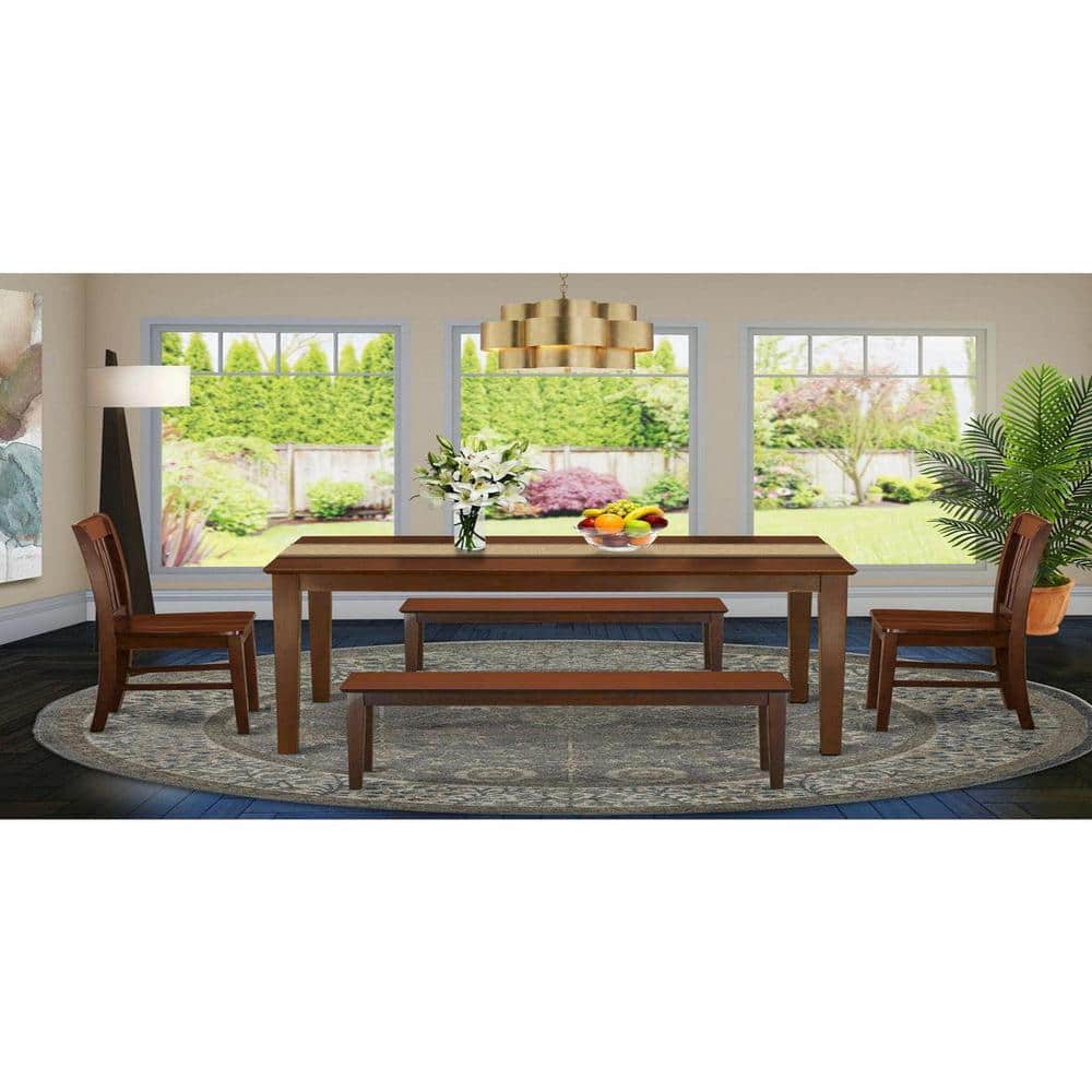 5-Piece Rectangle Mahogany Finish Solid Wood Top Dining Table with 2 Benches, 2 Chairs with Lattice Back