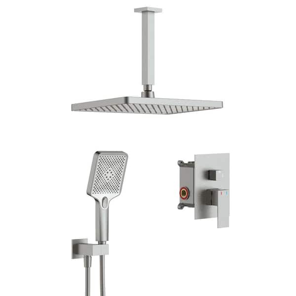 GIVING TREE 3-Spray Patterns with 1.8 GPM 12 in. Rainfall Shower Head Ceiling Mount Dual Shower Heads in Brushed Nickel
