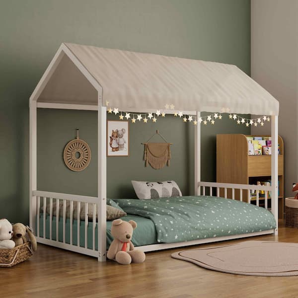 White Metal Frame Twin Platform Bed with Vertical Safety Guardrails for Kids and Toddlers