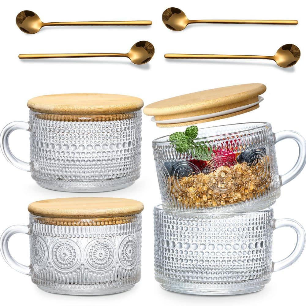 14 oz. Patterned Clear Glass Mug Set with Bamboo Lids and Golden Spoons, Decorative Kitchenware for Breakfast and Drinks