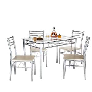 Dining Table Set, 5 Pieces Dining Set with Tempered Glass Top Table and 4 Chairs For Dining Room, Silver, 43.3 in. L