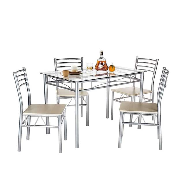 Dining Table Set, 5 Pieces Dining Set with Tempered Glass Top Table and 4 Chairs For Dining Room, Silver, 43.3 in. L