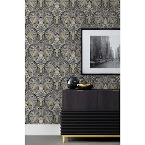 30.75 sq. ft. Ebony and Sepia Bird Ogee Vinyl Peel and Stick Wallpaper Roll