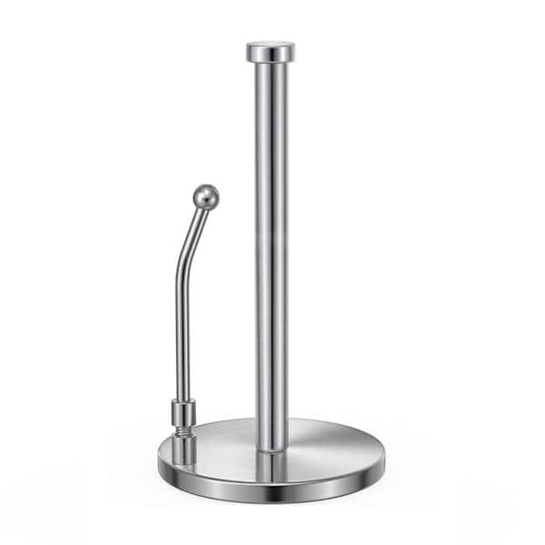 Standing Mount Silver Paper Towel Holder Dispenser with Weighted Non Slip Base and Spring Arm for Kitchen