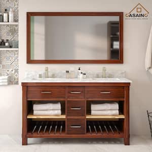 60 in. W x 22 in. D x 35.4 in. H Double Sink Bath Vanity in Traditional Brown with Carrara White Marble Top and Mirror