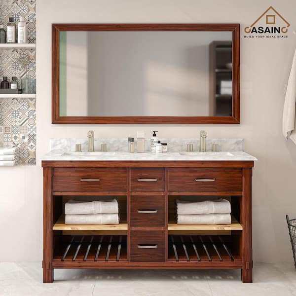 CASAINC 60 in. W x 22 in. D x 35.4 in. H Double Sink Bath Vanity in Traditional Brown with Carrara White Marble Top and Mirror