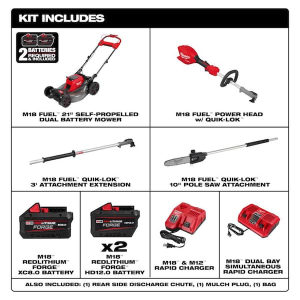M18 FUEL 18V 21 in. Brushless Cordless Dual Battery Self-Propelled Mower w/ M18 Pole Saw, (3) Batteries, Charger