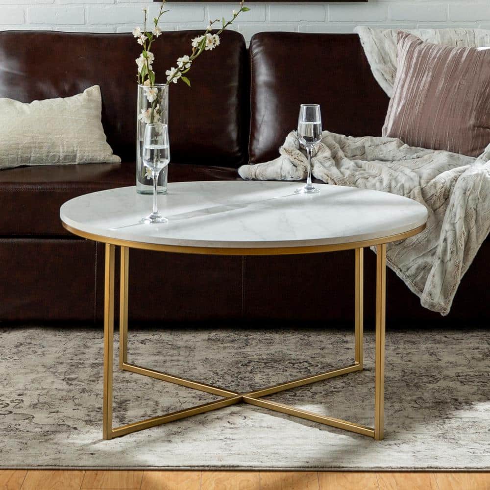 Modern Round Faux Marble and Gold Coffee Table