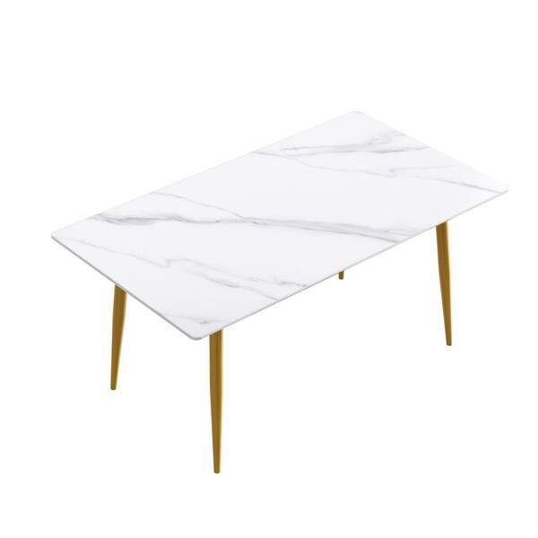 J&E Home 62.99 in. Rectangle White Sintered Stone Top with Gold Metal Frame (Seats 4-6)