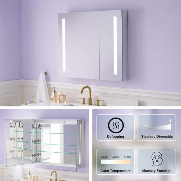 36 in. W x 30 in. H Rectangular Aluminum Recessed or Surface Mount Medicine Cabinet with Mirror and Lighted,,Memory
