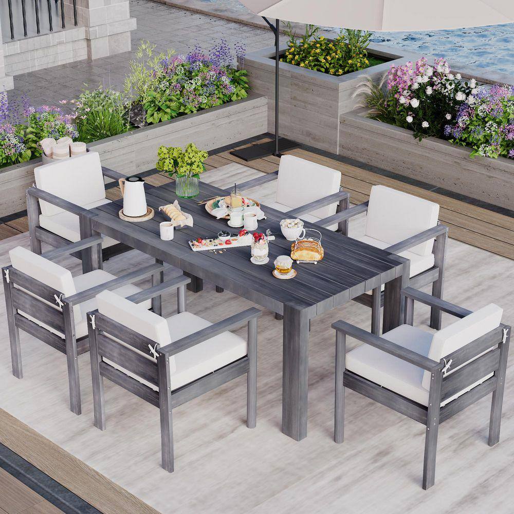 7-Piece Acacia Wood Outdoor Conversation Patio Furniture Set with Beige Cushions