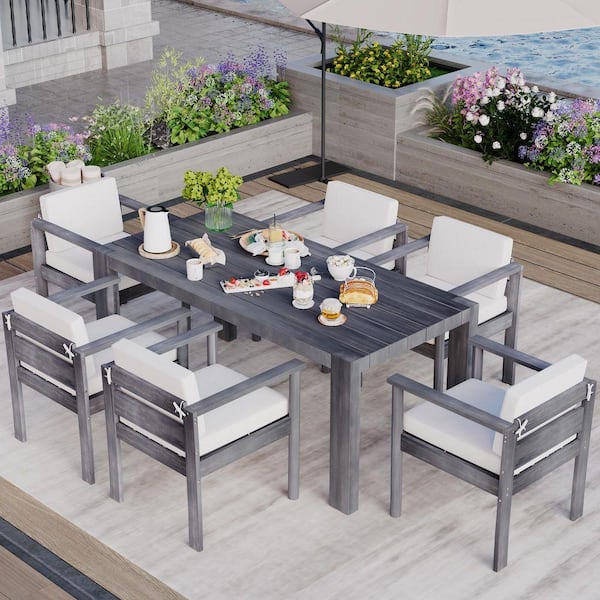 Gray 7-Piece Wood Outdoor Dining Set with Beige Cushions and 70.8" Rectangle Table for Backyard