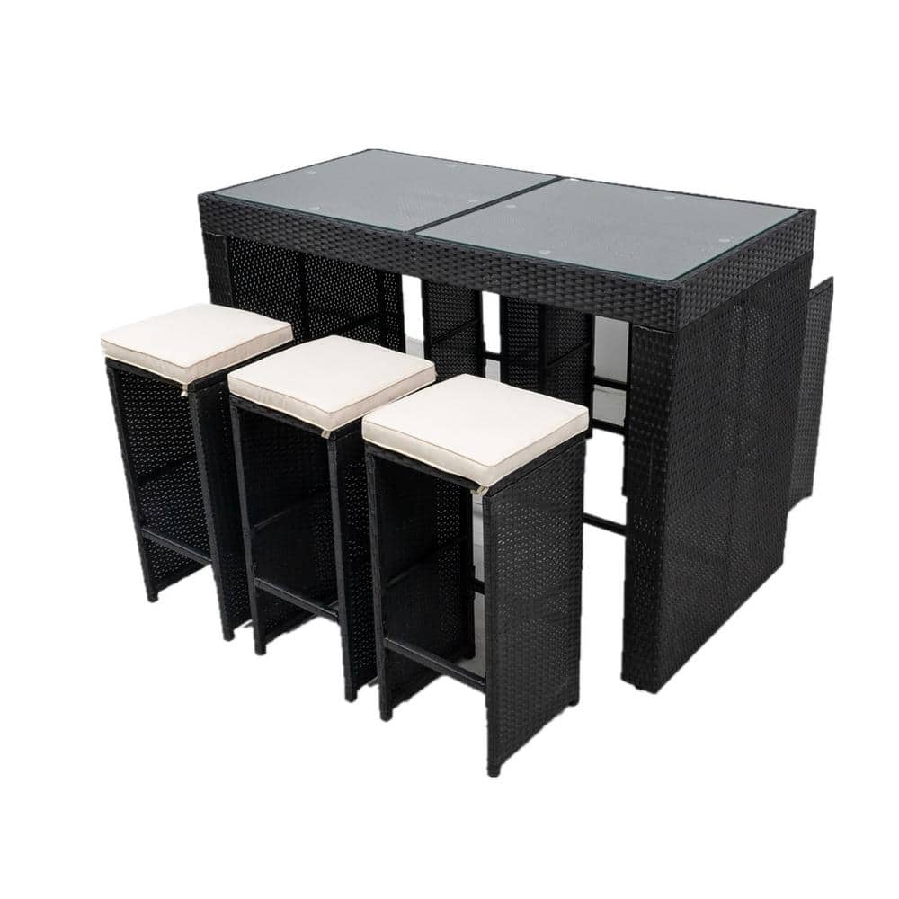 Black 7-Piece Patio Bar Set Wicker Bar Height Outdoor Dining Set with Beige