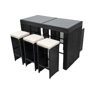 Black 7-Piece Patio Bar Set Wicker Bar Height Outdoor Dining Set with Beige Cushions, Glass Table Top