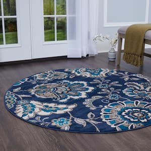 Tremont Lincoln Navy Blue/Grey 5 ft. Floral Round Area Rug