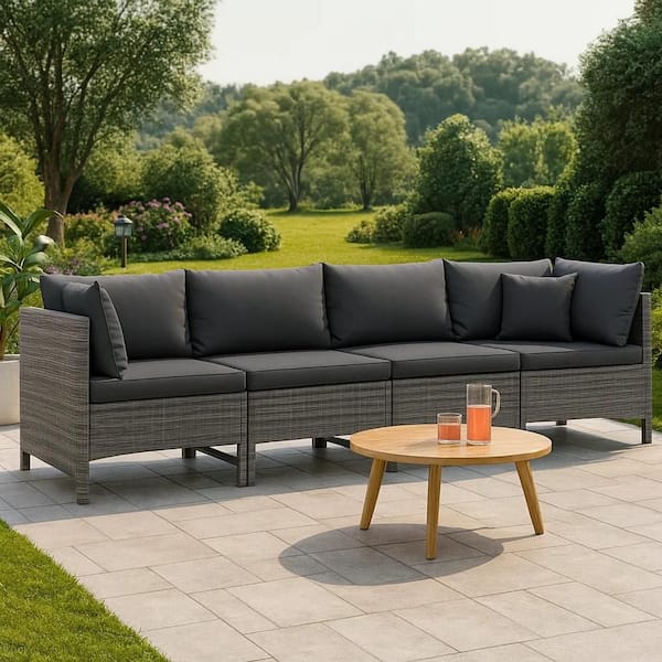 Benjara 4-Piece Gray Wicker Rattan Outdoor Modular Sectional Sofa with Cushion