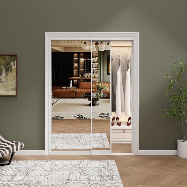 48 in. x 80 in. 1-Lite Mirrored Glass and Aluminum Frame Finished Closet Sliding Door with Hardware Kit