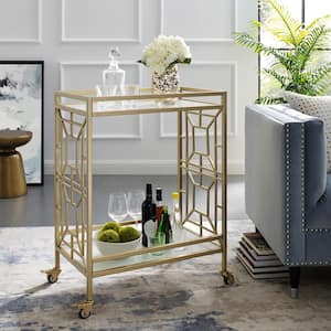 Mimi Gold/White Bar Cart with Open Wine Bottle and Stemware Storage