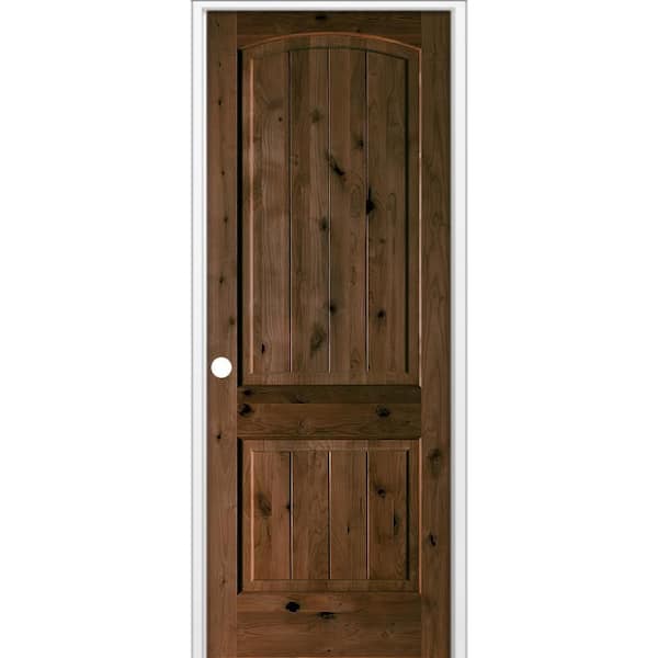 Krosswood Doors 24 in. x 96 in. Rustic 2-Panel Arch Top VG Right-Hand Espresso Stain Knotty Alder Wood Single Prehung Interior Door