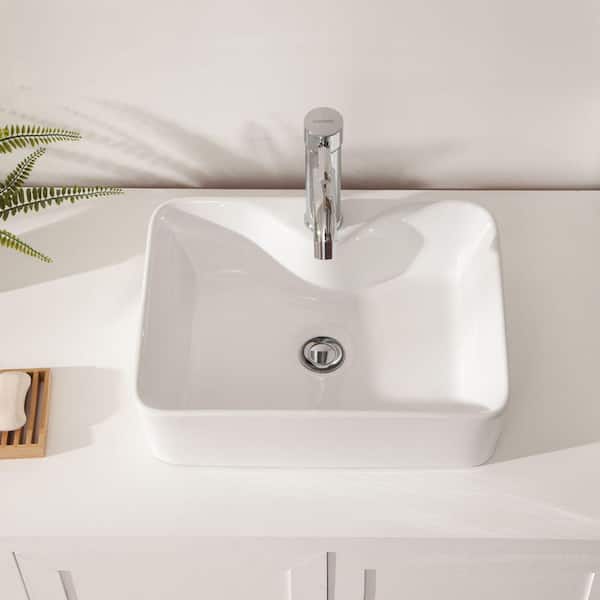 EPOWP 19 in. x15 in. White Ceramic Rectangular Bathroom Above Counter Vessel Sink with Faucet Hole