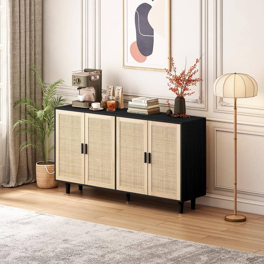 Black Particle Board and Rattan 4-Door Storage Cabinet with Adjustable Shelving