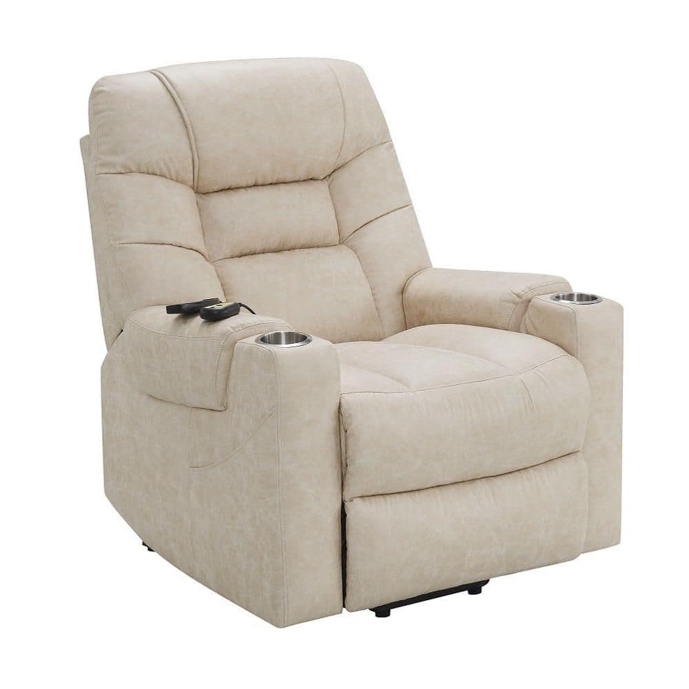 Nairi Ivory Polished Microfiber Power Recliner w/ Lift, Heating, and Massage