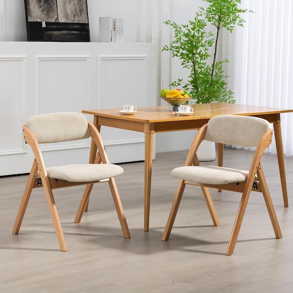HOMEFUN Folding Wooden Stackable Dining Chairs with Camel Padded Seats (Set of 2)