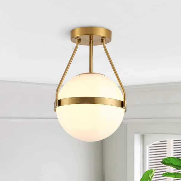 aiwen 9.06 in. 1-Light Modern Globe Semi-Flush Mount Ceiling Light with Milk Glass Shade
