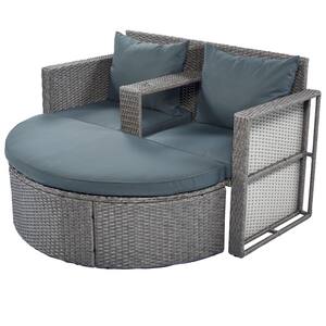 2-Piece Wicker Patio Conversation Set Outdoor Sectional Sofa Set with Umbrella Hole and Gray Cushion