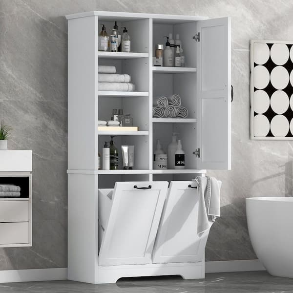 31 in. W x 14 in. D x 68 in. H White Wood Freestanding Tilt-Out Laundry Hamper Linen Cabinet with Door and Open Shelves