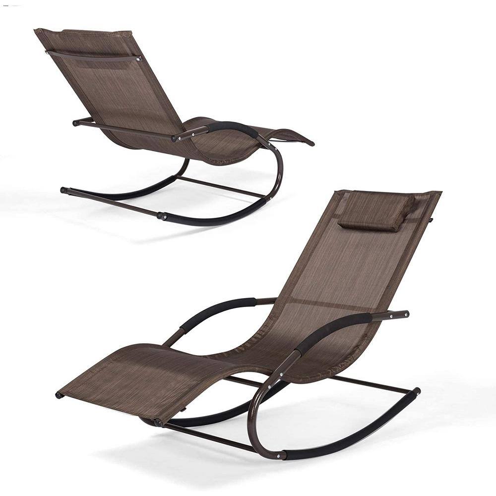 Brown Steel Frame Chaise Lounge with Cushions and Arms, Set of 2