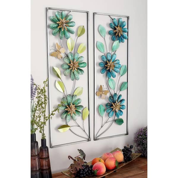 Litton Lane Metal Green Floral Wall Decor with Gold Frame (Set of 2)