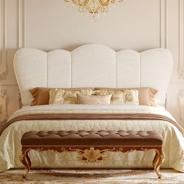 Plush Ivory Crown Fabric Headboard Upholstered Headboard with Height Adjustment for 8-14 in. Mattress, Ivory King