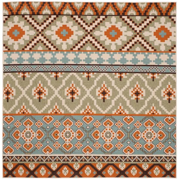 Veranda Green/Terracotta Doormat 3 ft. x 3 ft. Tribal Aztec Indoor/Outdoor Patio Square Area Rug