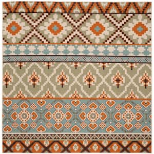 Veranda Green/Terracotta 8 ft. x 8 ft. Tribal Aztec Indoor/Outdoor Patio  Square Area Rug