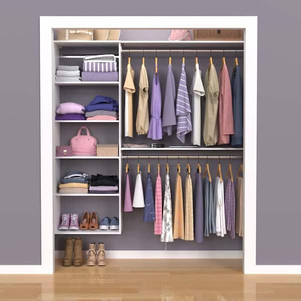 Style+ 55.12 in. W - 121.12 in. W White Hanging Wood Closet System Kit with Top Shelves