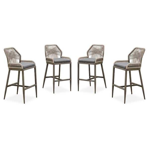 Modern Aluminum Twill Wicker Woven Bar Height Outdoor Bar Stool with Back and Sunbrella Gray Cushion (4-Pack)