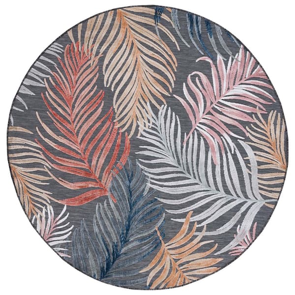 Cabana Black/Rust 6 ft. x 6 ft. Round Palm Leaf Indoor/Outdoor Area Rug