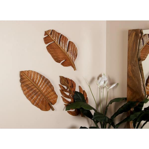 Litton Lane Mango Wood Brown Handmade Carved Leaf Wall Decor (Set of 3)