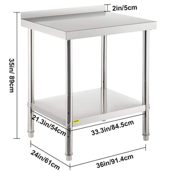 VEVOR Commercial Worktable Workstation 24 x 36 inch Commercial Food Prep  Worktable with 2 Drawers, Undershelf and Backsplash, 992 lbs Load Stainless  Steel Kitchen Island for Restaurant, Home and Hotel 