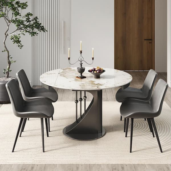 31 in. to 51 in. Round Pandora Sintered Stone Extendable Dining Table with Gunmetal Gray Pedestal, Seats-6