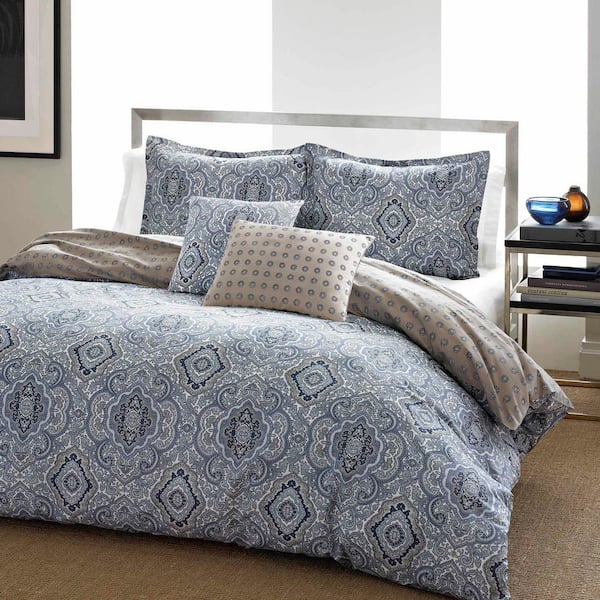 Milan 3-Piece Blue Damask Cotton Full/Queen Comforter Set