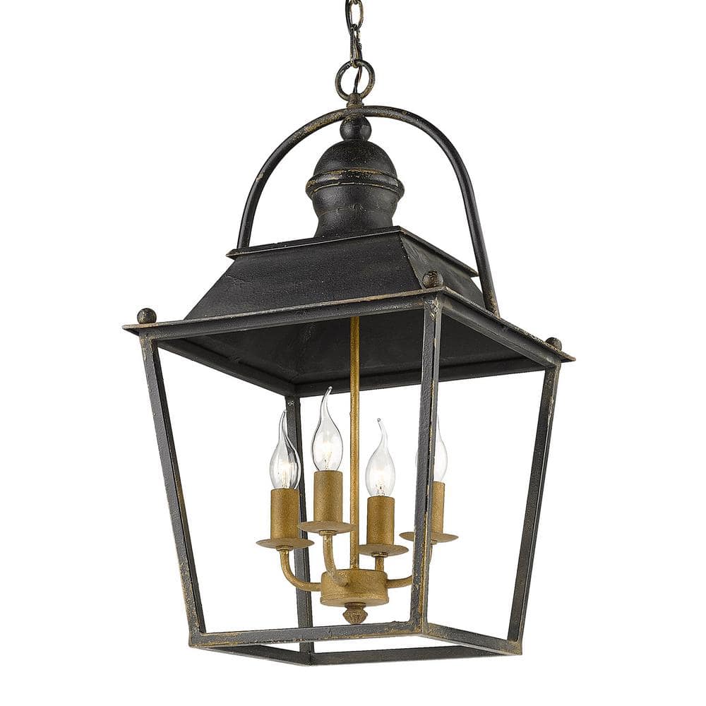 Transitional Antique Black Iron 4-Light Candelabra Pendant