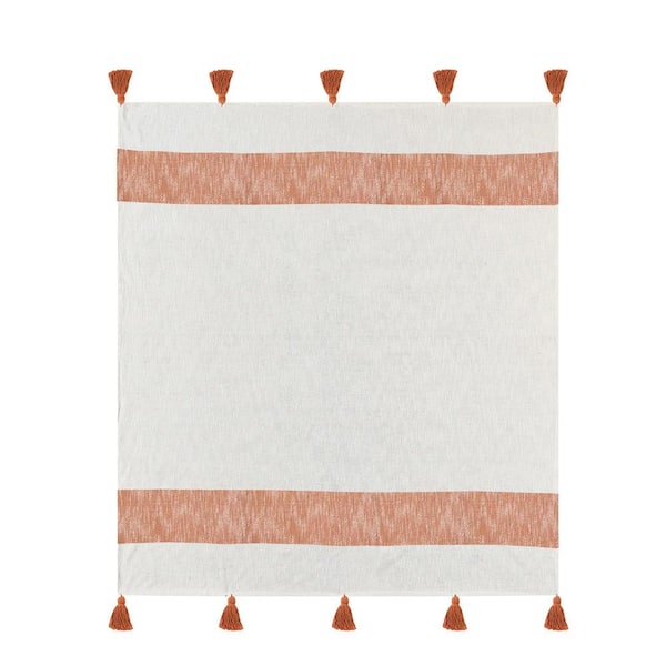 Unbranded Bliss Sienna Orange/White Hand-Woven Striped Farmhouse All Natural Cotton Throw Blanket
