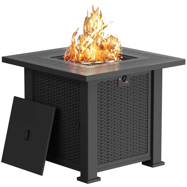 Foredawn Propane Fire Pits 28 in. Outdoor Gas Fire Pit Table, 50,000 BTU Steel with Lid and Lava Rock, Black