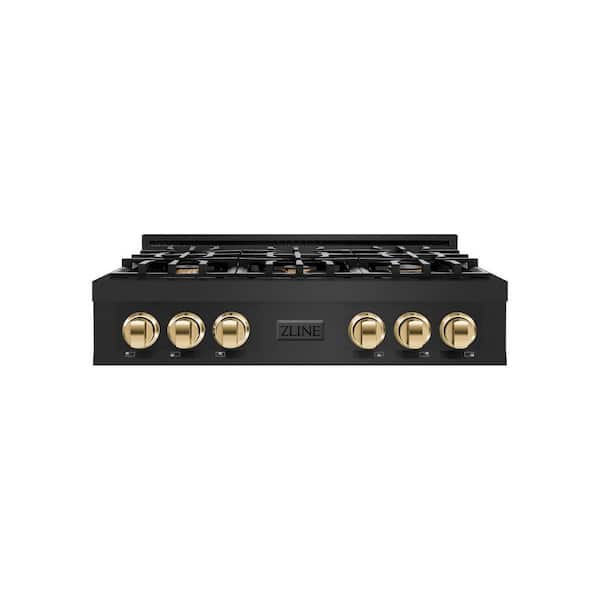 Autograph Edition 36 in. 6 Burner Front Control Gas Cooktop with Polished Gold Knobs in Black Stainless Steel