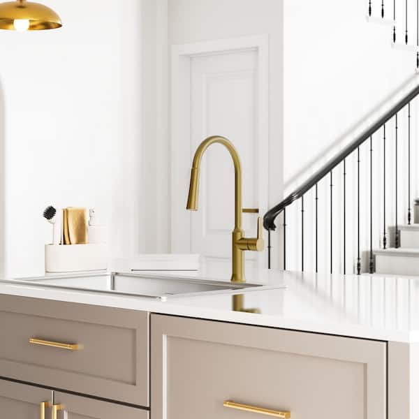 18.5 in. H Spout 360° Swivel Single Handle Pull Out 2-Sprayer Kitchen Faucet with Brass Rough-in Valve in Brushed Gold