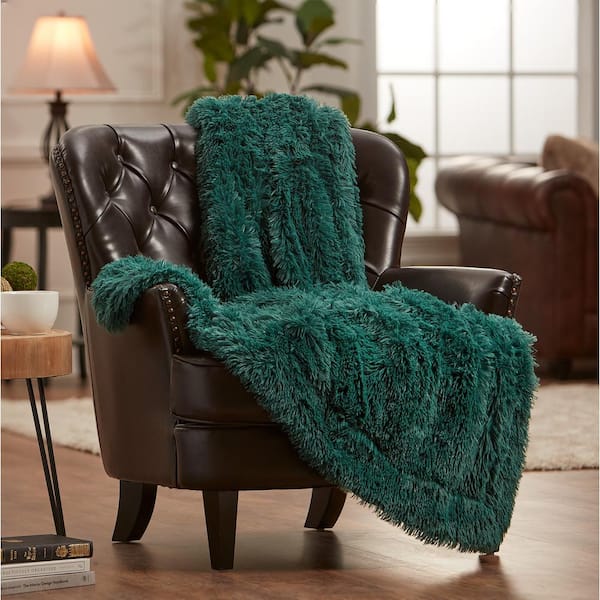 CHANASYA Solid Teal Shaggy Faux Long Fur Polyester Throw Blanket - 50 in. x 65 in.